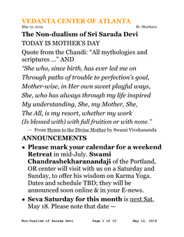 Non-Dualism of Sarada Devi Talk 5-12-19
