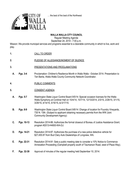 WALLA WALLA CITY COUNCIL Regular Meeting Agenda September 24, 2014 - 7:00 P.M