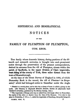 Historical and Biographical Notices of the Family of Plumpton of Plumpton