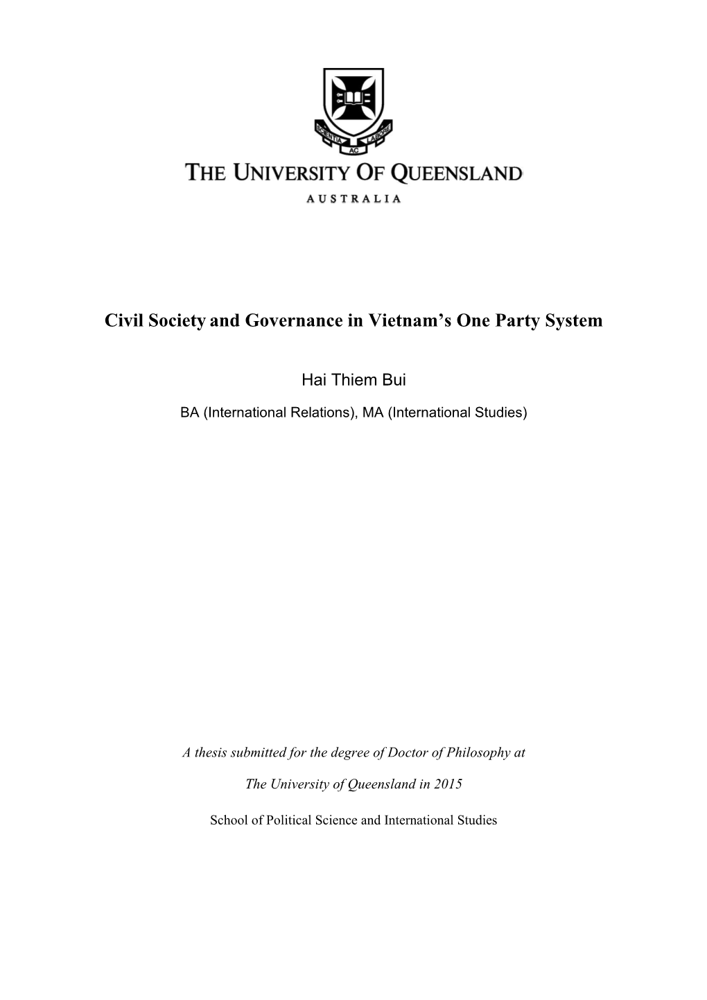 The Development of Civil Society and Dynamics of Governance in Vietnam's One Party System