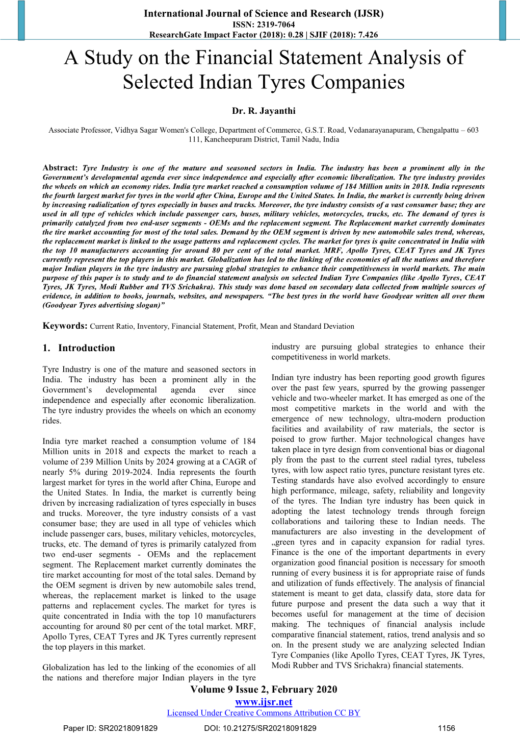 A Study on the Financial Statement Analysis of Selected Indian Tyres Companies