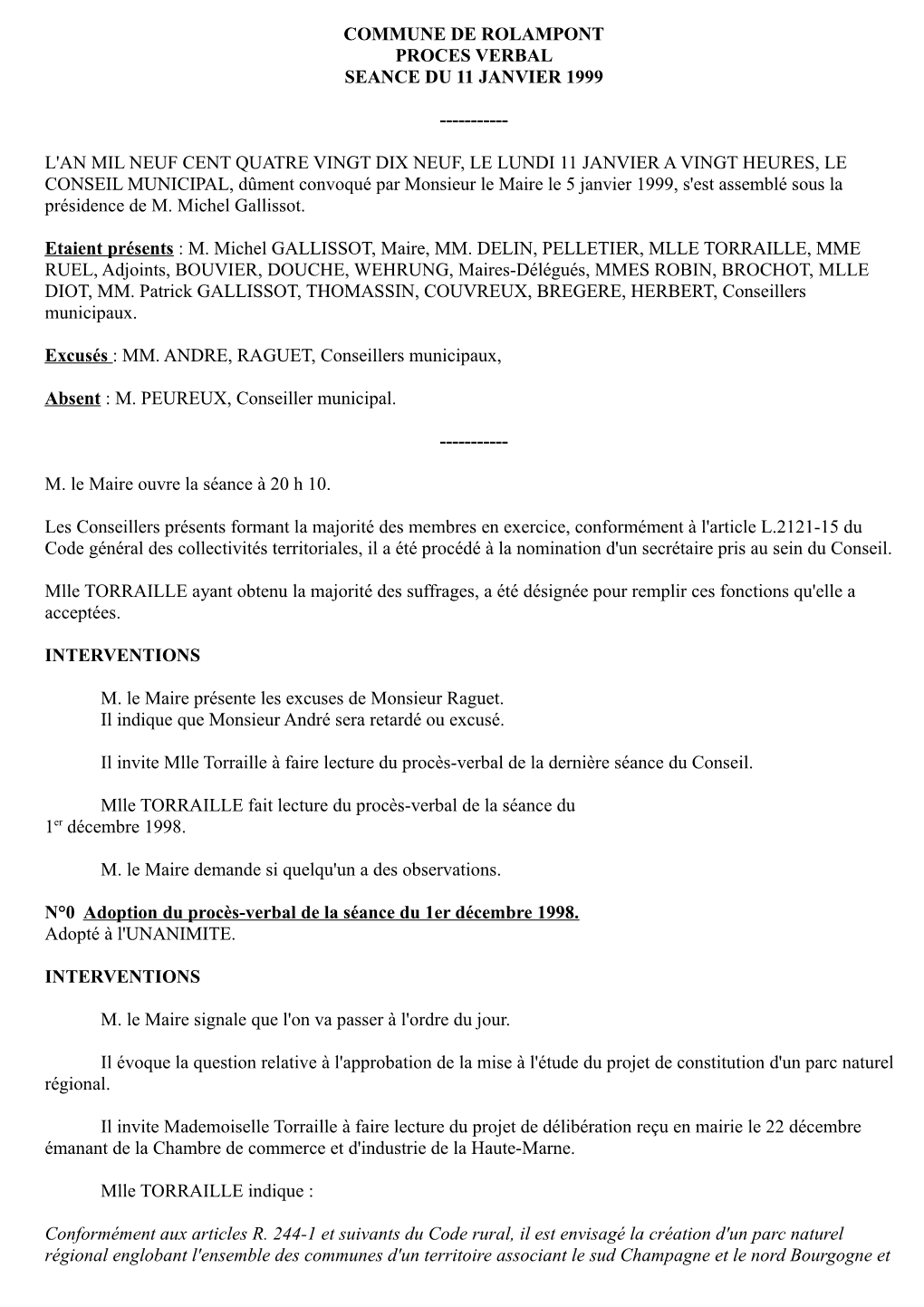 Commune De Rolampont Proces Verbal Seance Du 11 Janvier 1999