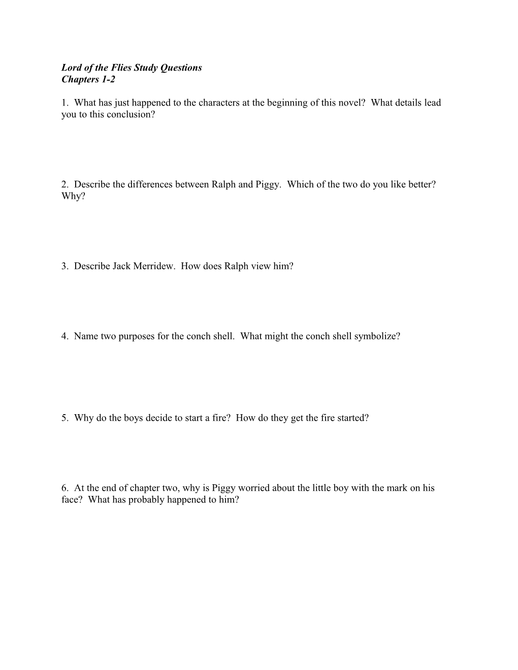 Lord of the Flies Study Questions