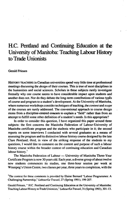 H.C. Pentland and Continuing Education at the University of Manitoba: Teaching Labour History to Trade Unionists