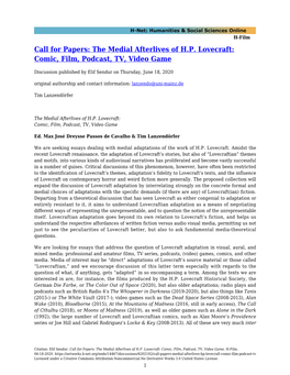 Call for Papers: the Medial Afterlives of H.P. Lovecraft: Comic, Film, Podcast, TV, Video Game