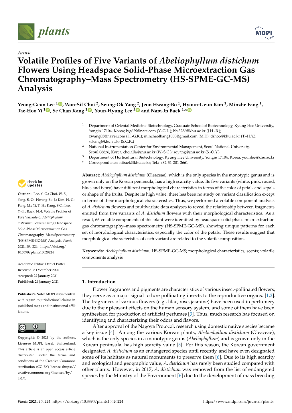 Volatile Profiles of Five Variants of Abeliophyllum Distichum Flowers