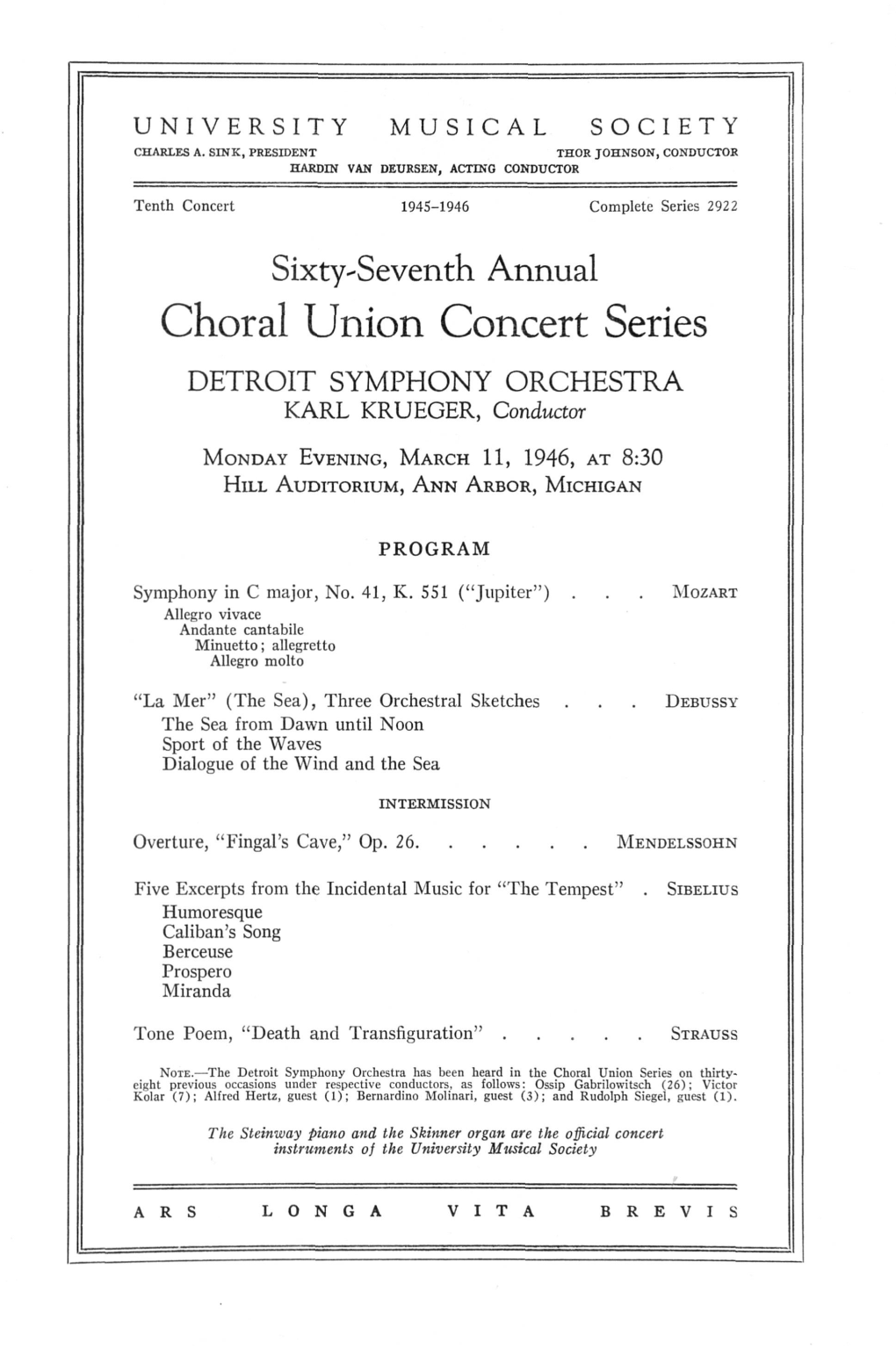 Choral Union Concert Series DETROIT SYMPHONY ORCHESTRA KARL KRUEGER, Conductor