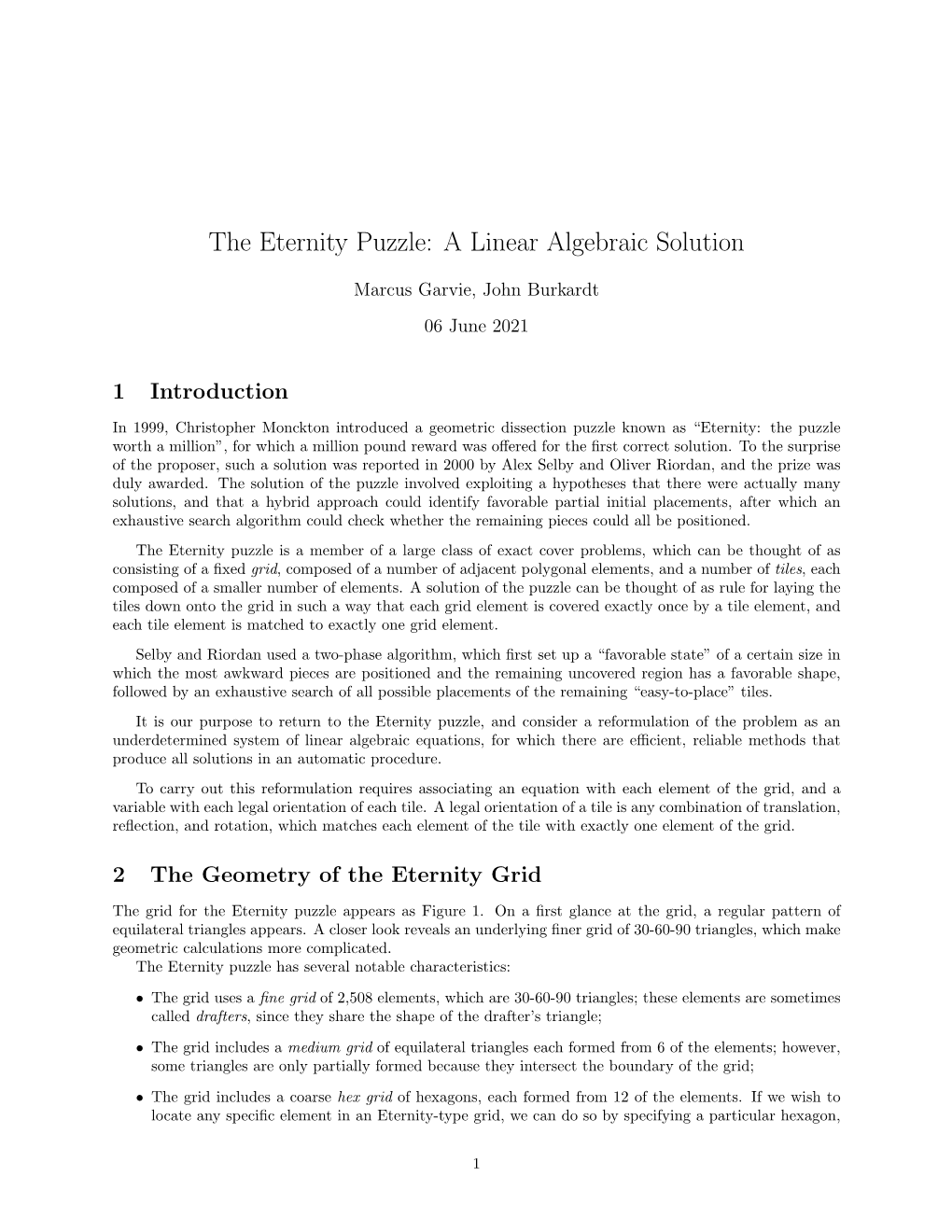 The Eternity Puzzle: a Linear Algebraic Solution