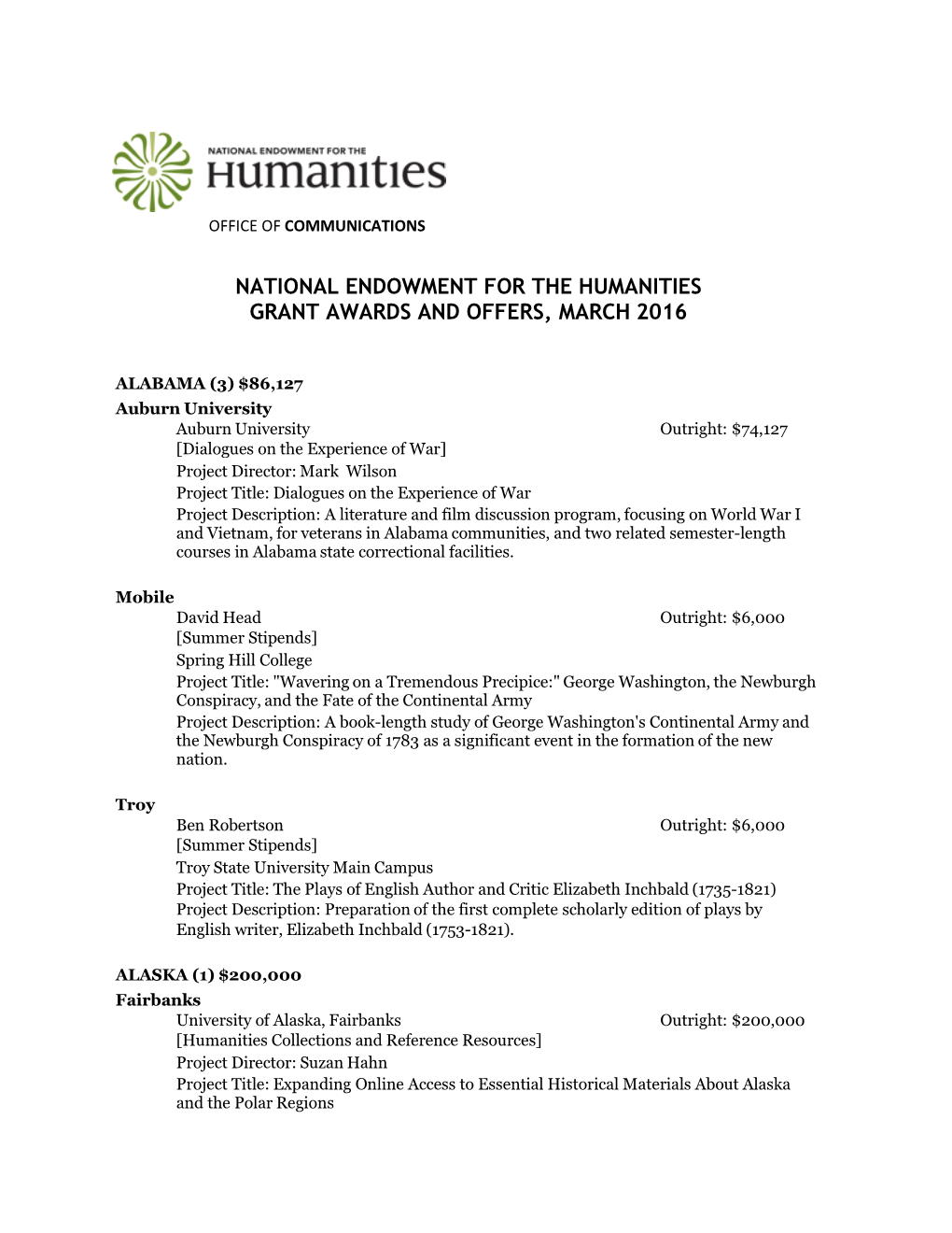 National Endowment for the Humanities Grant Awards and Offers, March 2016