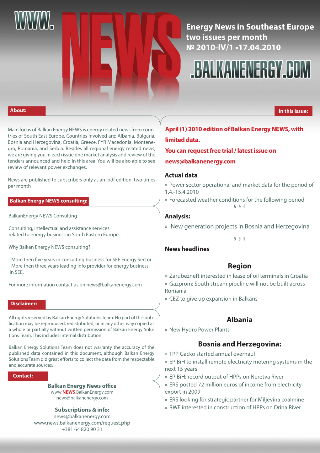 Energy News in Southeast Europe Two Issues Per Month № 2010-IV/1 •17.04.2010