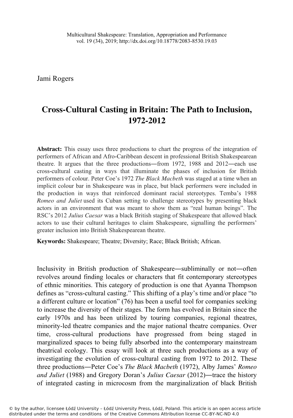 Cross-Cultural Casting in Britain: the Path to Inclusion, 1972-2012