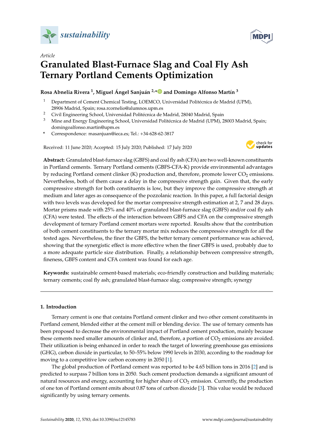 Granulated Blast-Furnace Slag and Coal Fly Ash Ternary Portland Cements Optimization