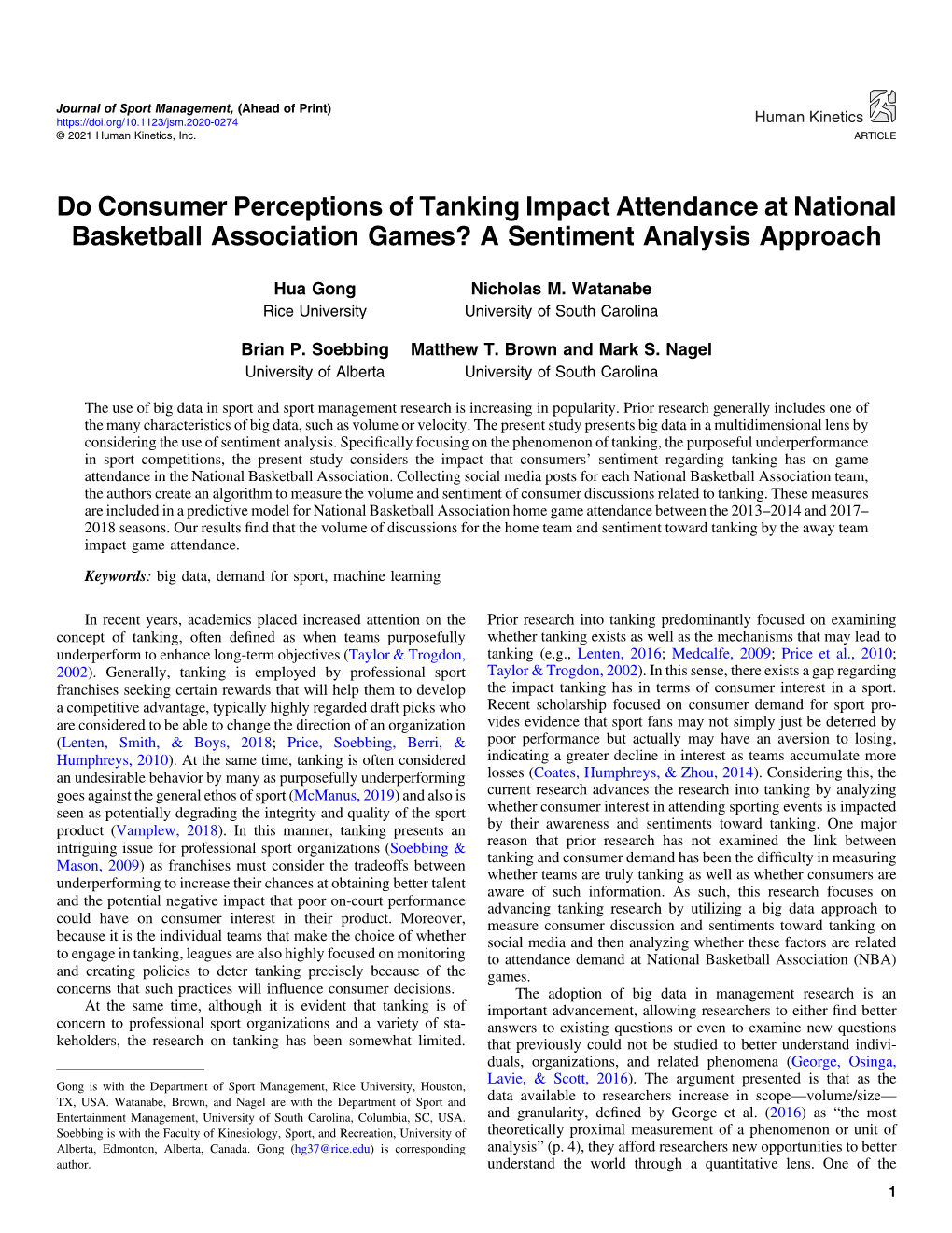 Do Consumer Perceptions of Tanking Impact Attendance at National Basketball Association Games? a Sentiment Analysis Approach