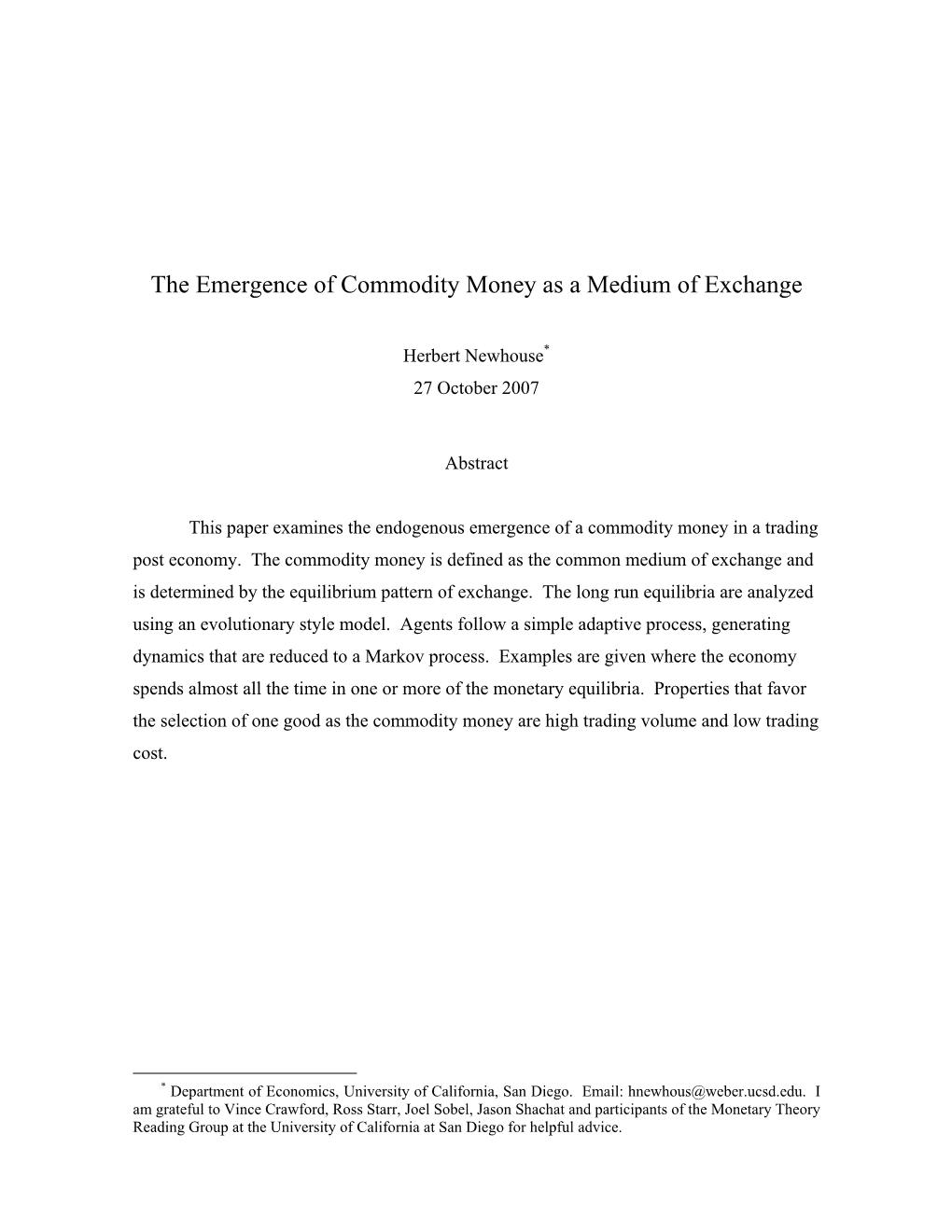 The Emergence of Commodity Money As a Medium of Exchange
