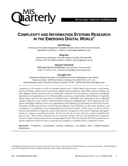 Special Issue: Complexity and Information Systems Research in the Emerging Digital World