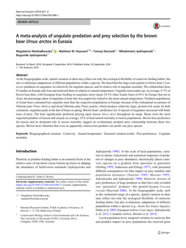 A Meta-Analysis of Ungulate Predation and Prey Selection by the Brown Bear Ursus Arctos in Eurasia