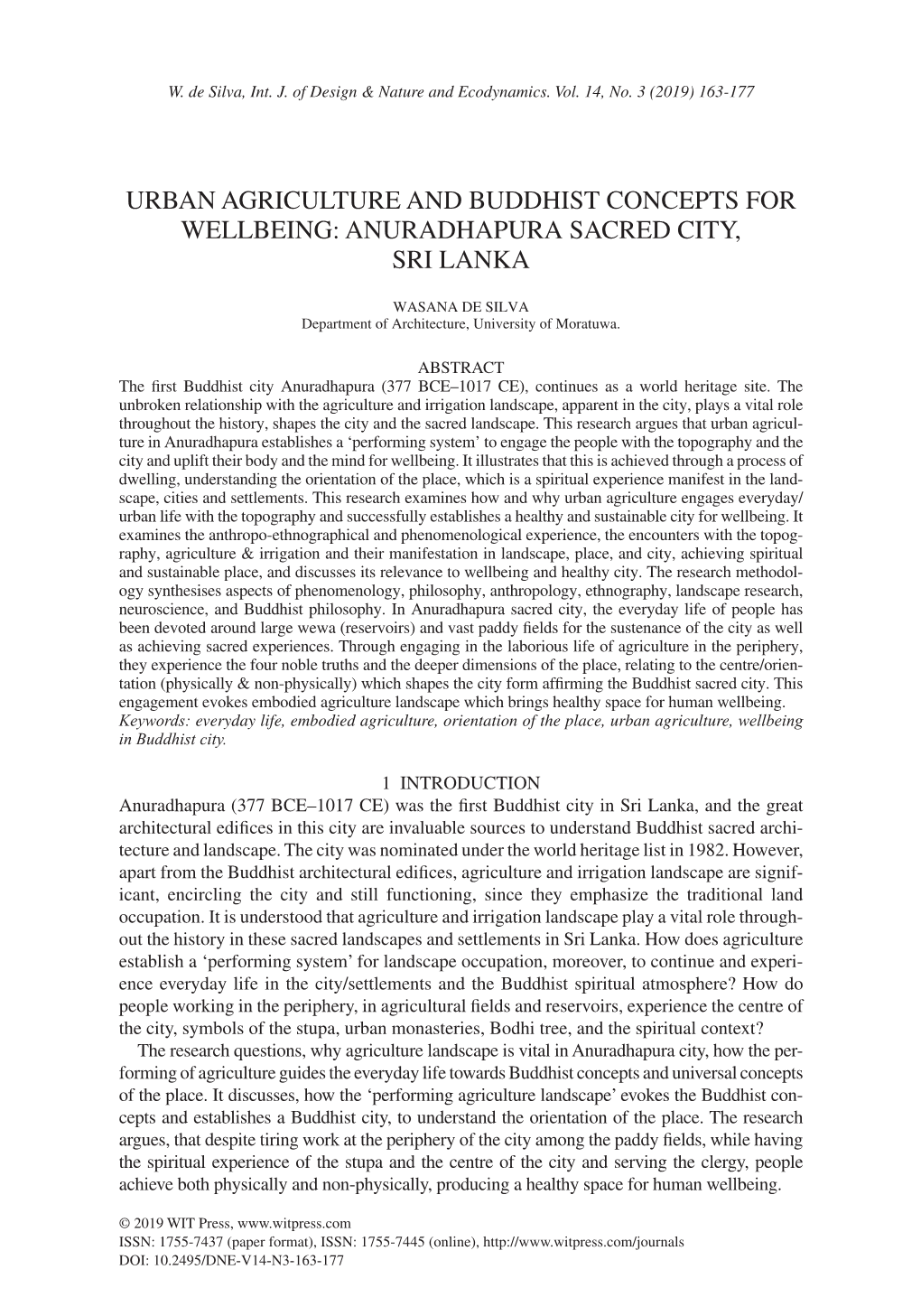 Urban Agriculture and Buddhist Concepts for Wellbeing: Anuradhapura Sacred City, Sri Lanka