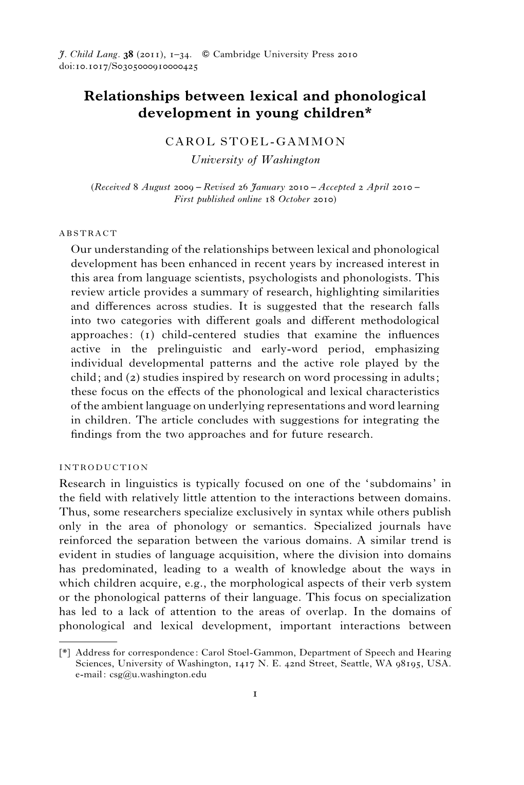 Relationships Between Lexical and Phonological Development in Young Children*