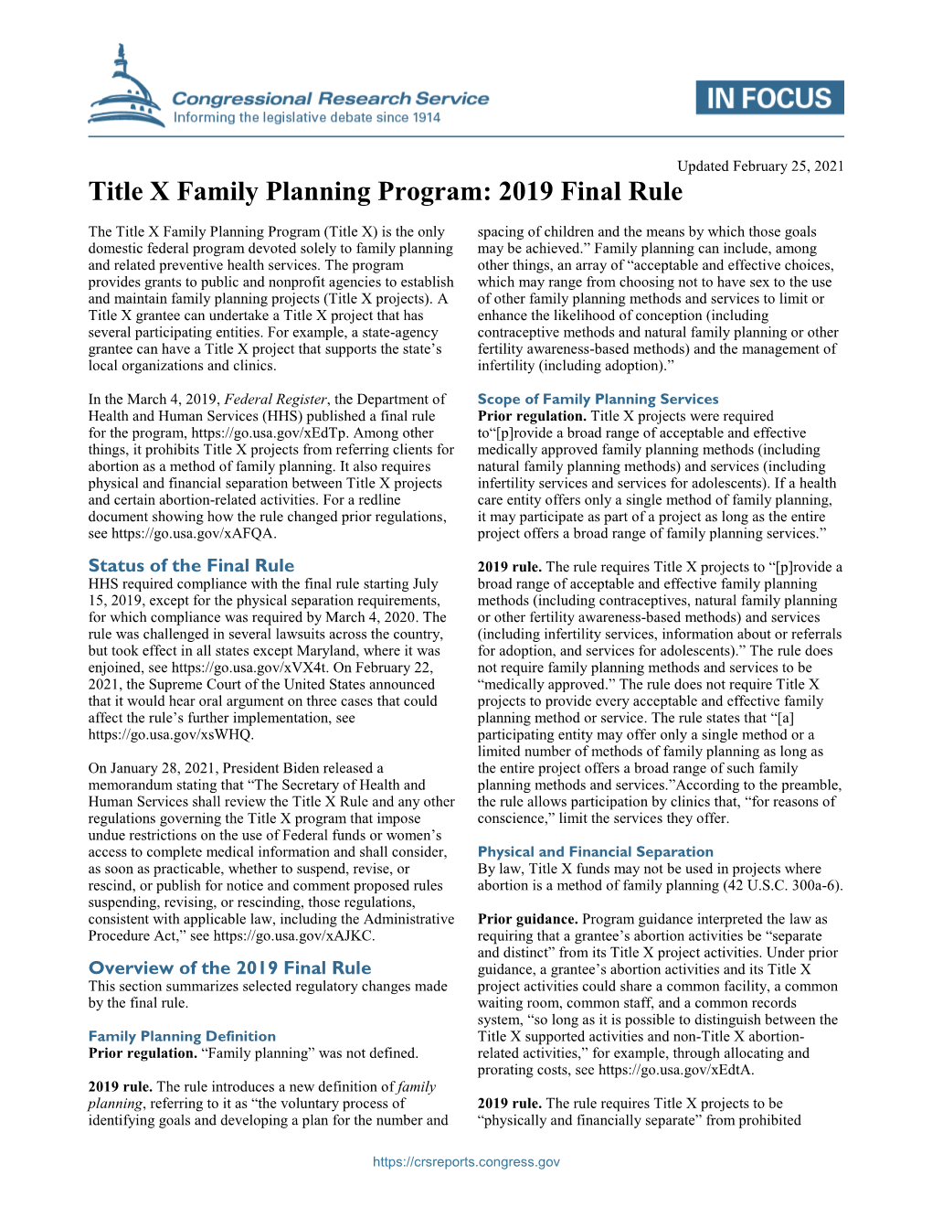 Title X Family Planning Program: 2019 Final Rule