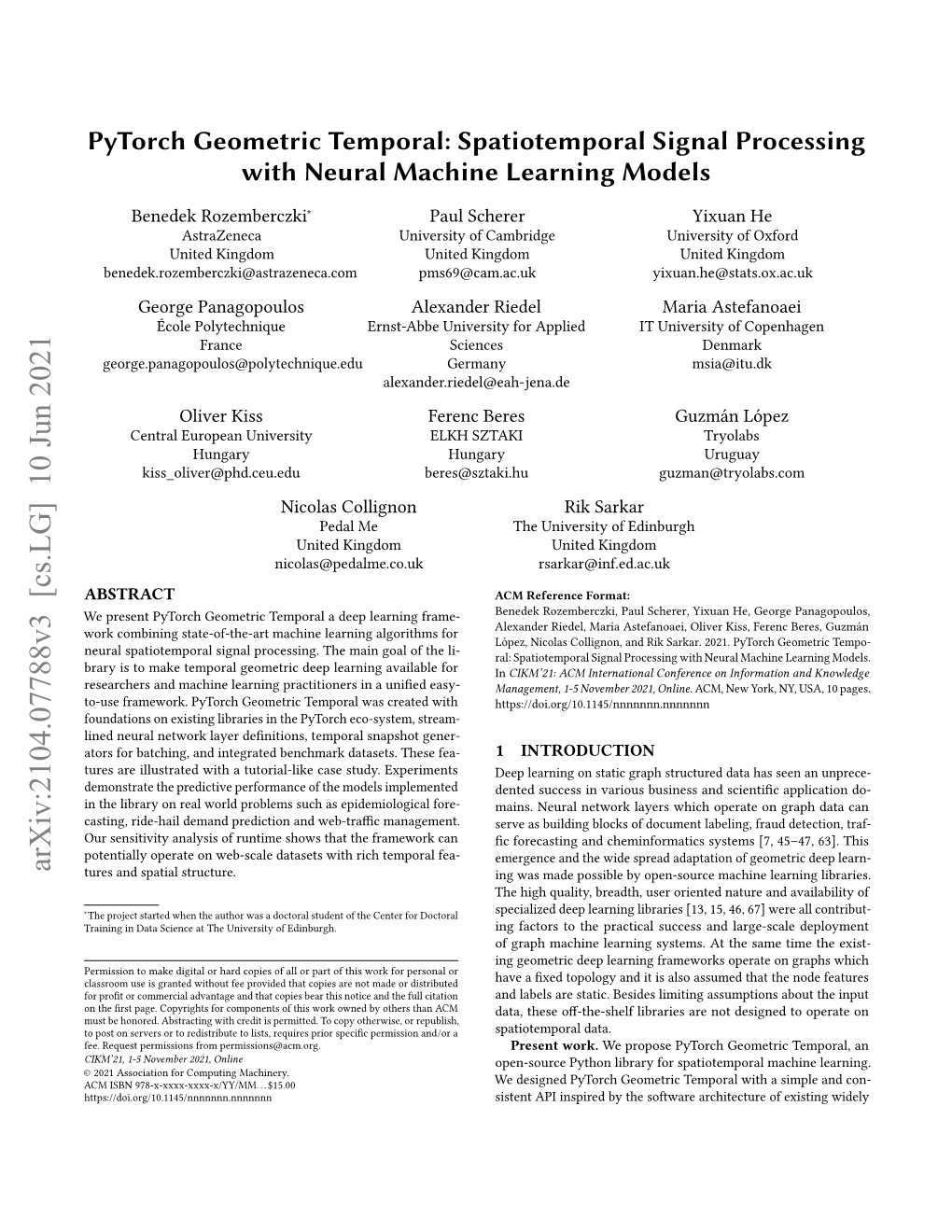 Pytorch Geometric Temporal: Spatiotemporal Signal Processing with Neural Machine Learning Models