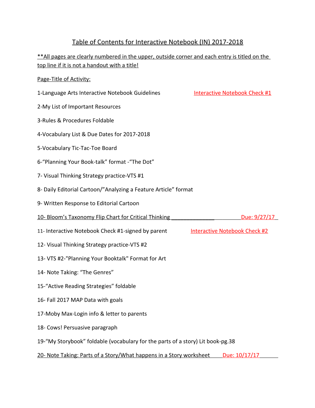 Table of Contents for Interactive Notebook (IN) 2017-2018