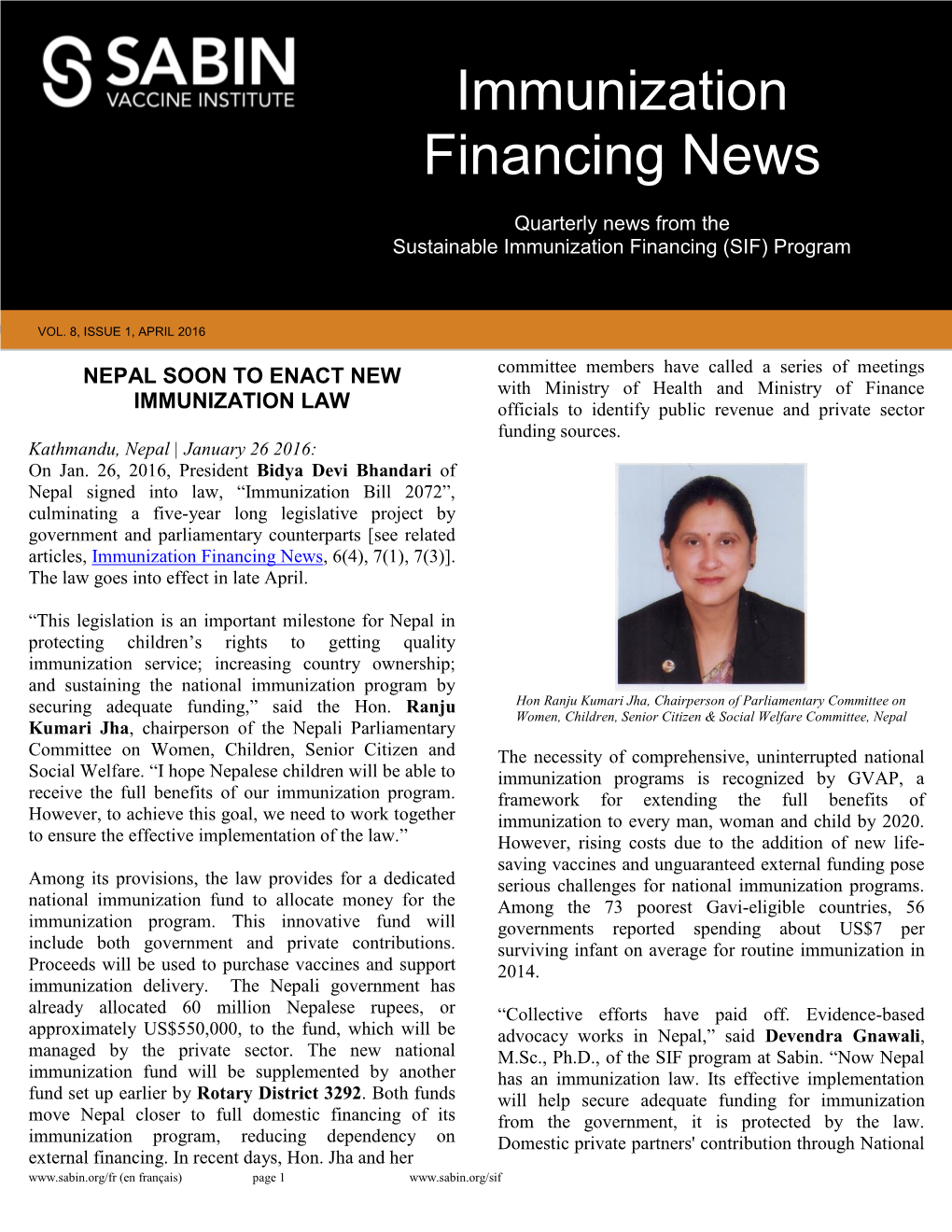 Immunization Financing News, 6(4), 7(1), 7(3)]