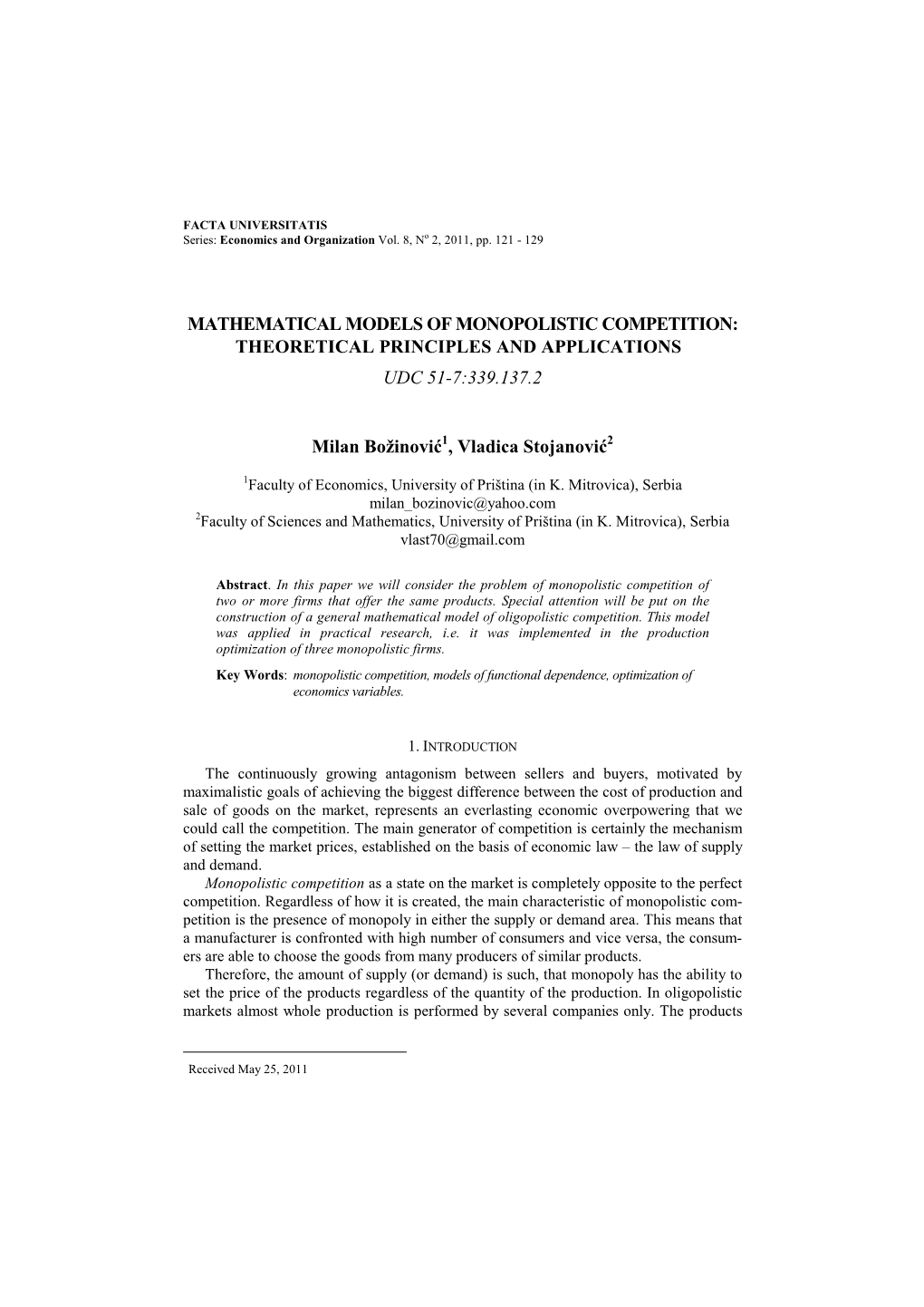 Mathematical Models of Monopolistic Competition: Theoretical Principles and Applications  Udc 51-7:339.137.2