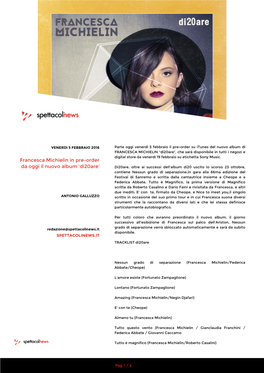 Francesca Michielin in Pre-Order Da Oggi Il Nuovo Album 'Di20are'