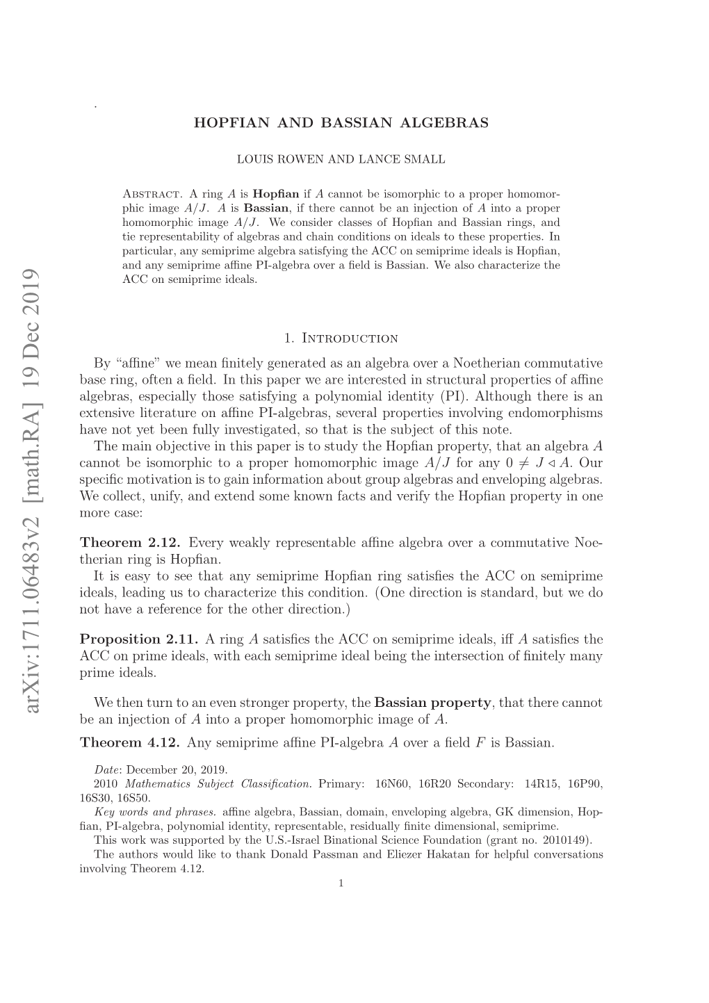 Arxiv:1711.06483V2 [Math.RA] 19 Dec 2019 Novn Hoe 4.12