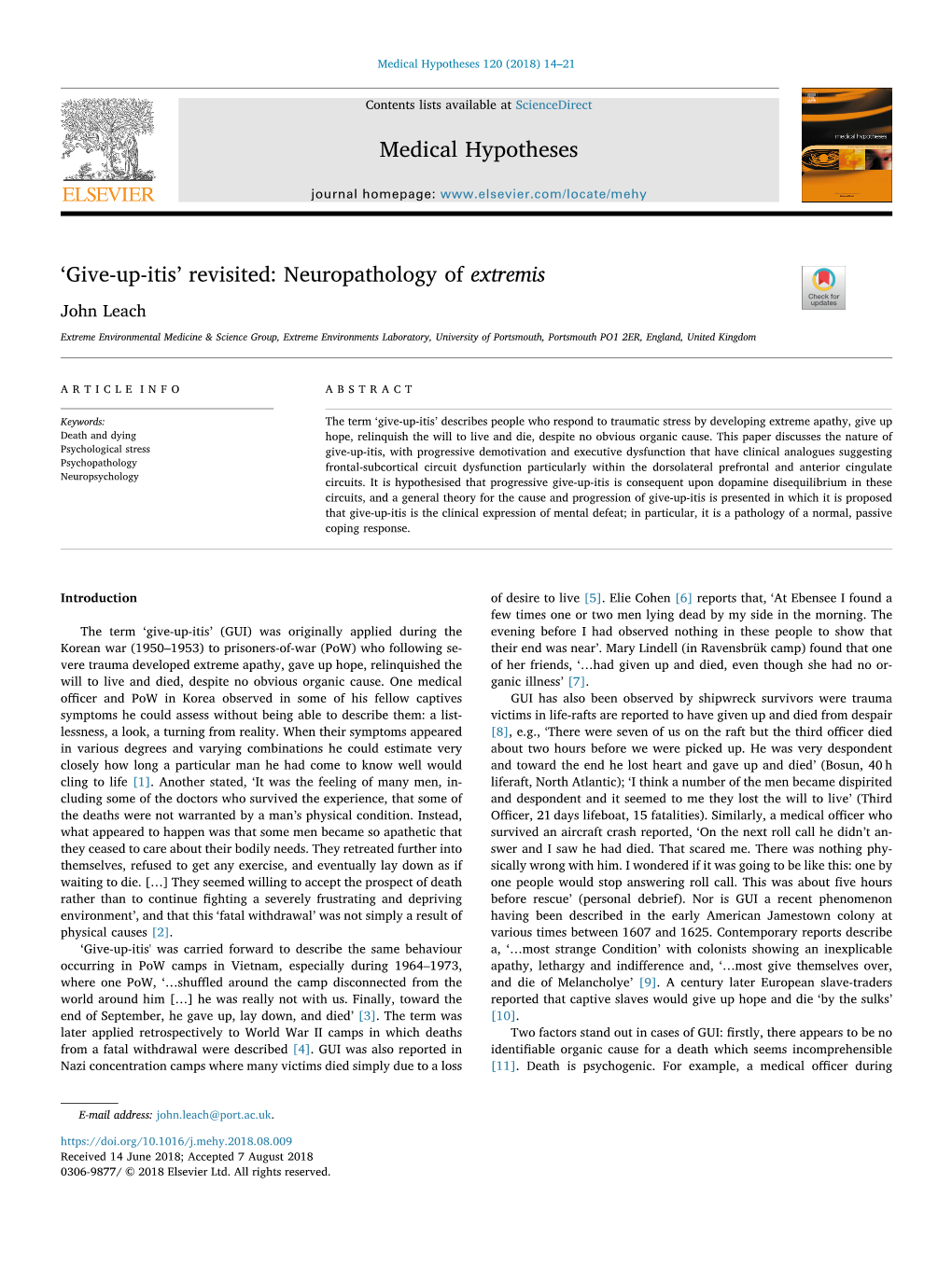 Give-Up-Itis’ Revisited: Neuropathology of Extremis T John Leach