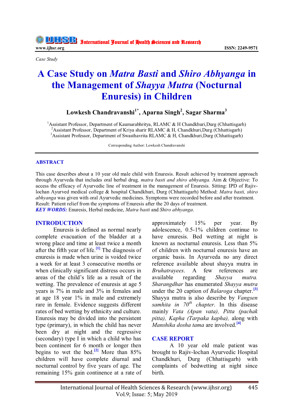 A Case Study on Matra Basti and Shiro Abhyanga in the Management of Shayya Mutra (Nocturnal Enuresis) in Children