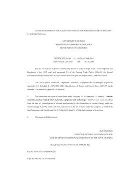 Amendment of ITC(HS) Export and Import Classification 2005
