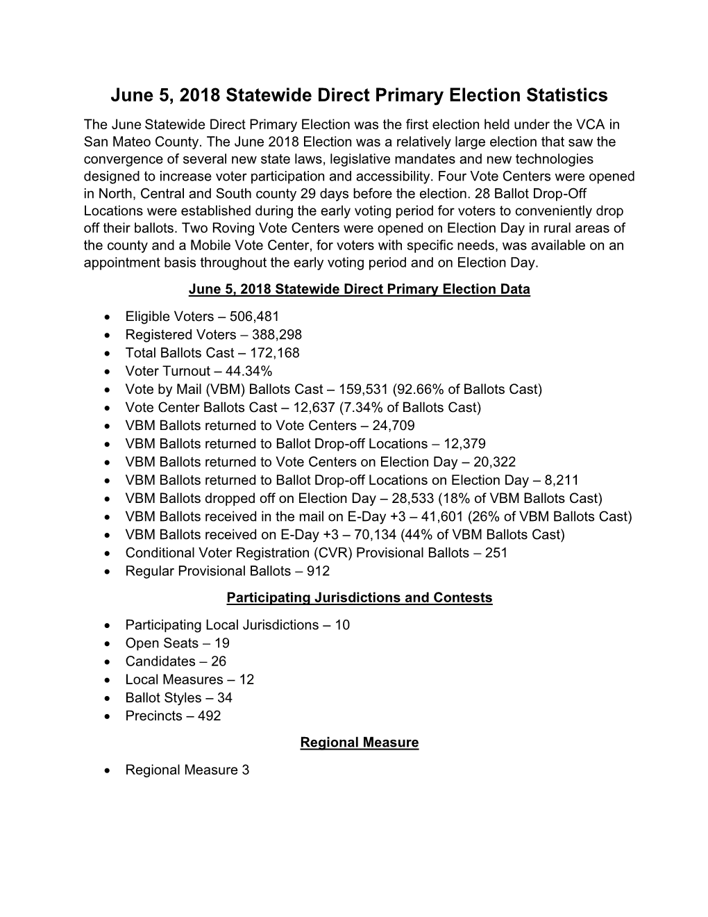 June 5, 2018 Statewide Direct Primary Election Statistics