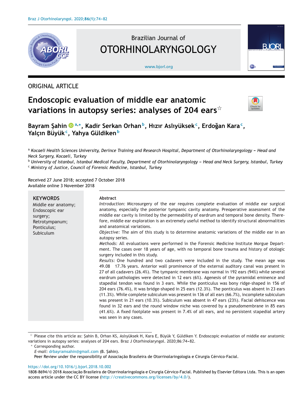 Endoscopic Evaluation of Middle Ear Anatomic Variations in Autopsy Series