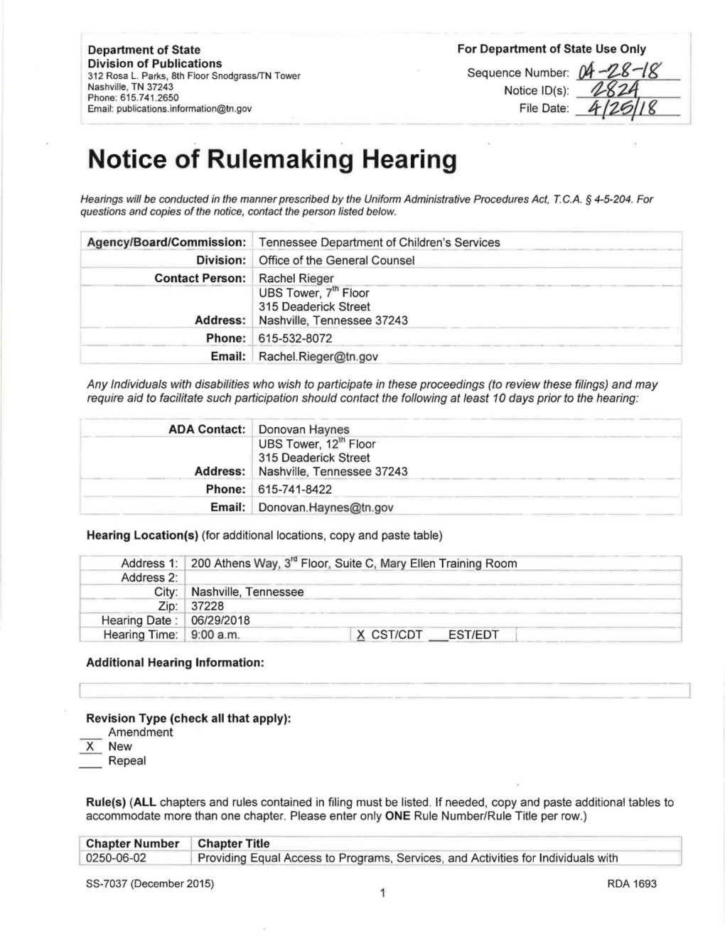 Notice of Rulemaking Hearing