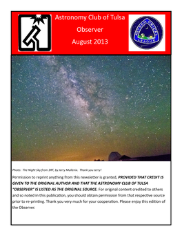 Astronomy Club of Tulsa Observer August 2013
