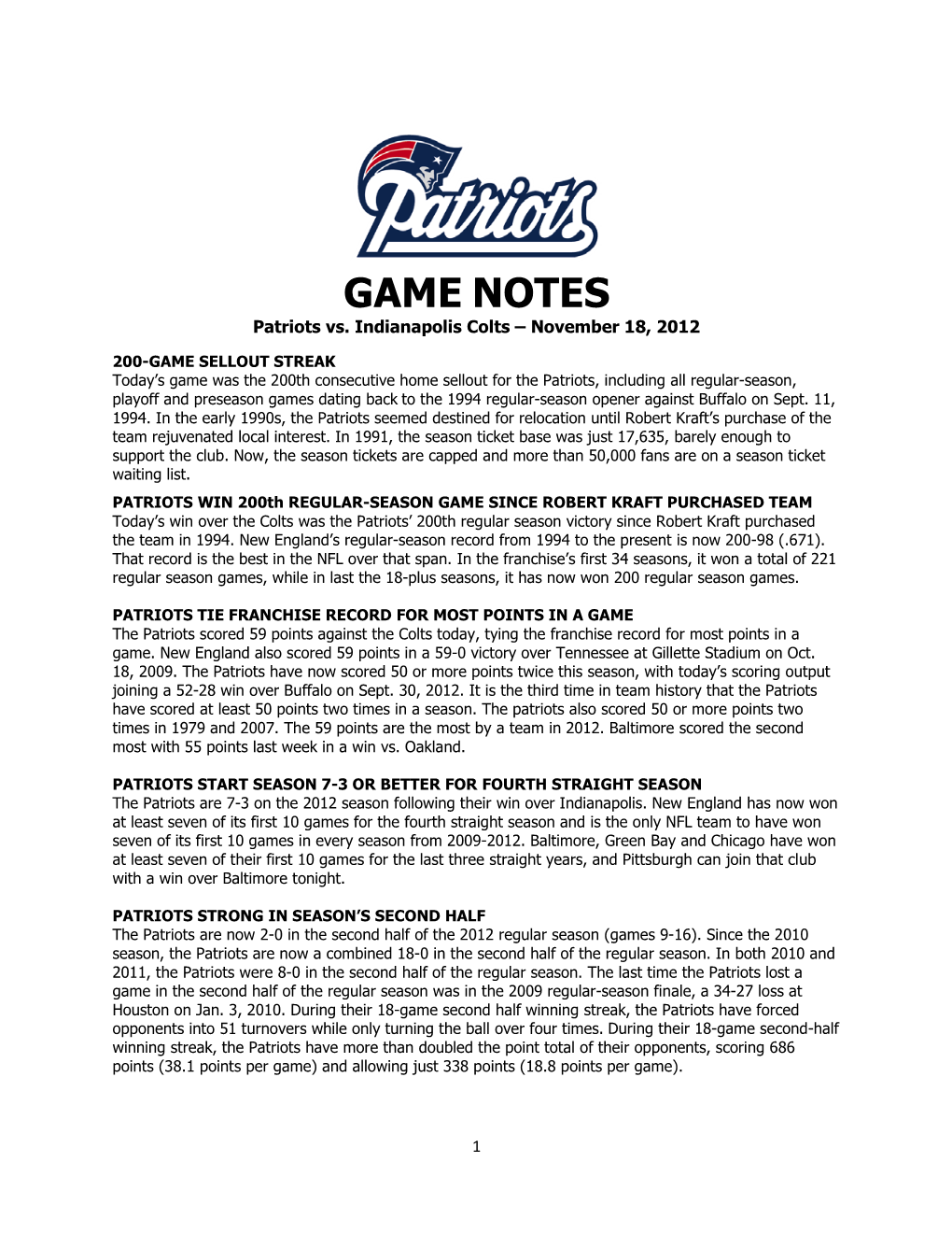 GAME NOTES Patriots Vs