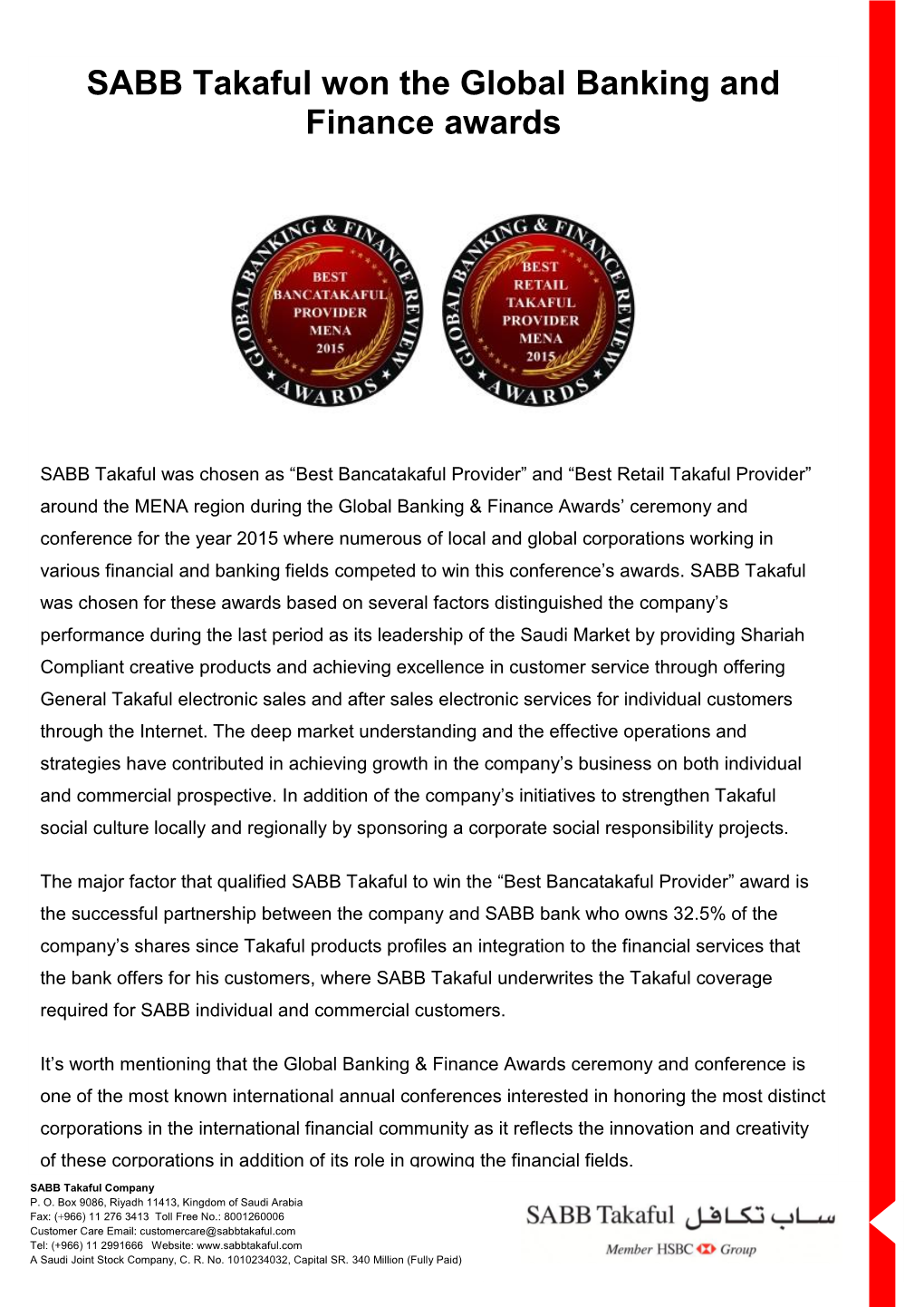 SABB Takaful Won the Global Banking and Finance Awards