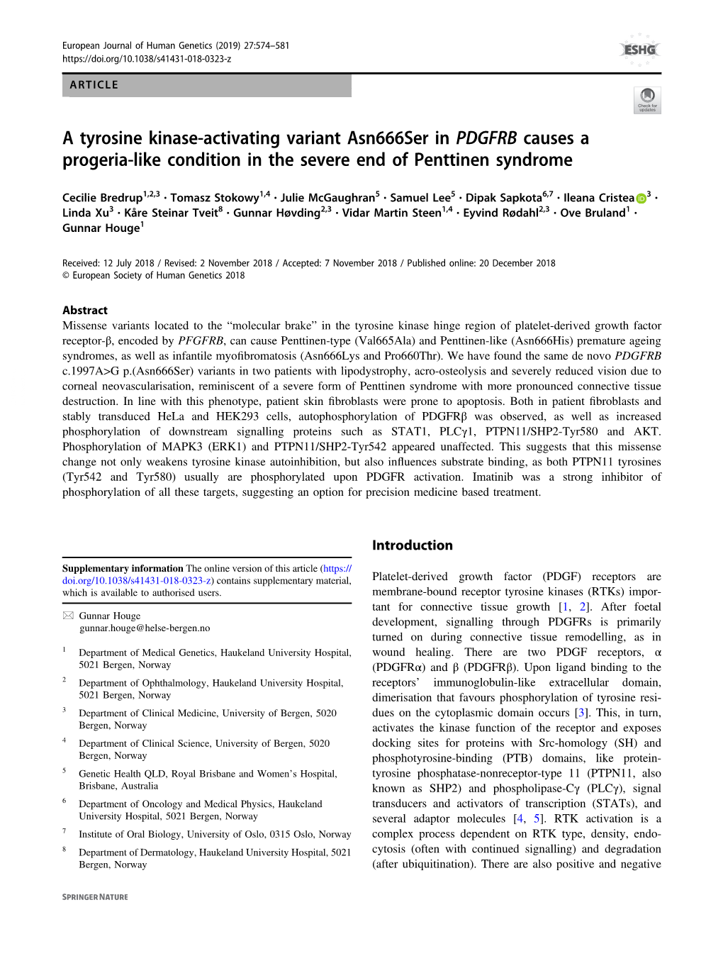 A Tyrosine Kinase-Activating Variant Asn666ser in PDGFRB Causes a Progeria-Like Condition in the Severe End of Penttinen Syndrome