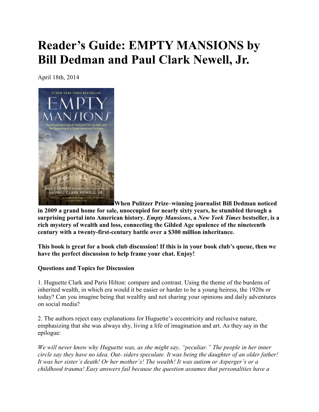 EMPTY MANSIONS by Bill Dedman and Paul Clark Newell, Jr