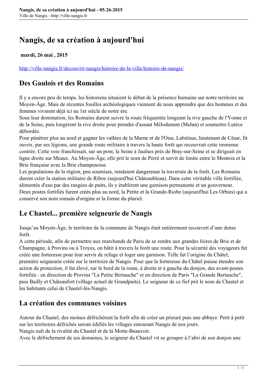 Nangis, De Sa Création À Aujourd'hui - 05-26-2015 Ville De Nangis