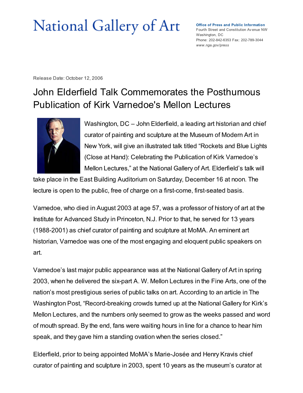 John Elderfield Talk Commemorates the Posthumous Publication of Kirk Varnedoe's Mellon Lectures