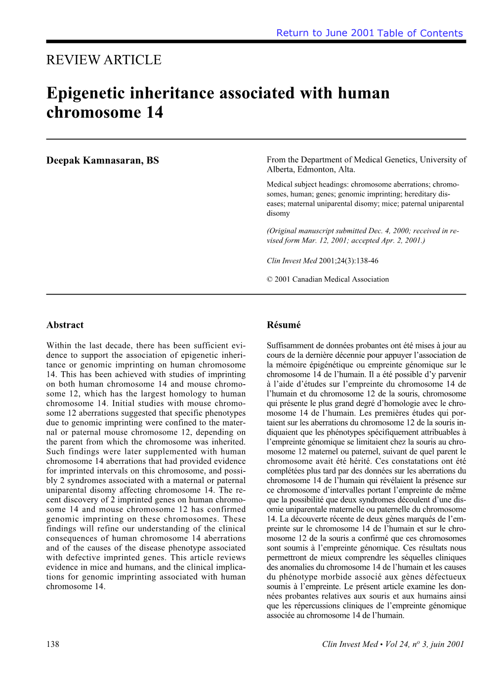 Epigenetic Inheritance Associated with Human Chromosome 14