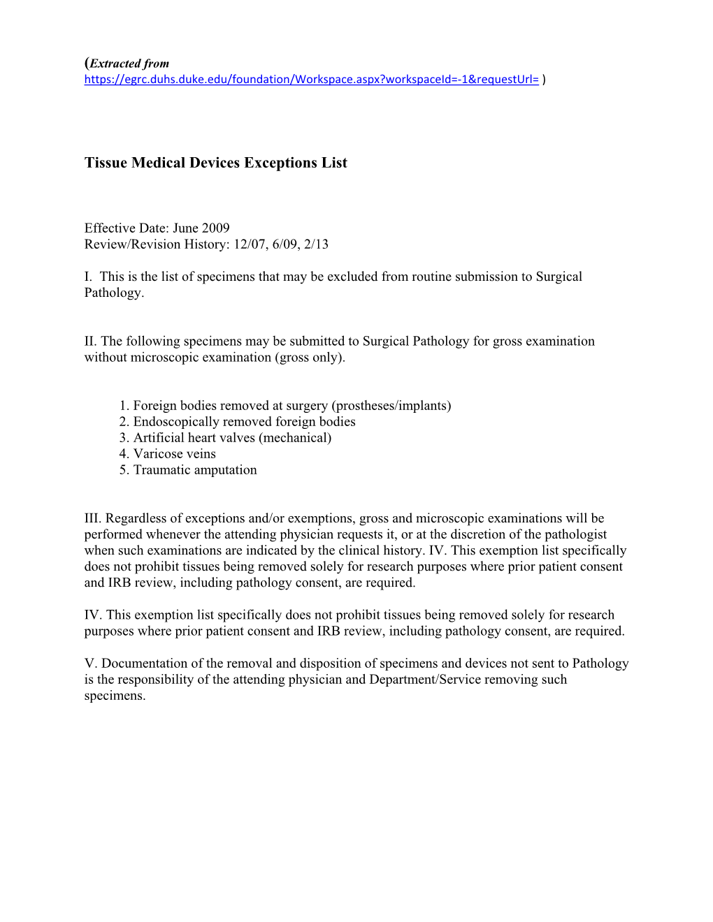 Tissue Medical Devices Exceptions List