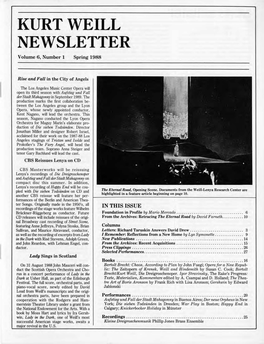 KURT WEILL NEWSLETTER Volume 6, Number 1 Spring 1988