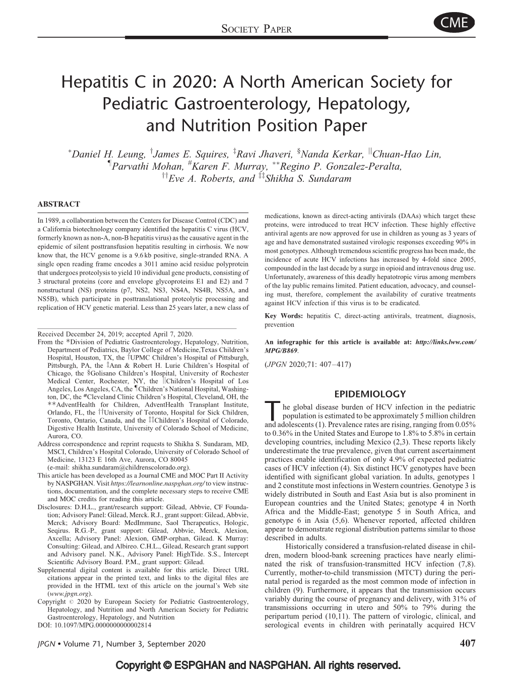 Hepatitis C in 2020: a North American Society for Pediatric