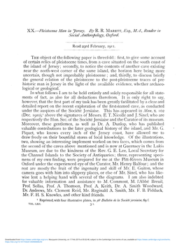 XX.—Pleistocene Man in Jersey. by R. R. MARETT, Esq., M.A., Reader in Social Anthropology, Oxford