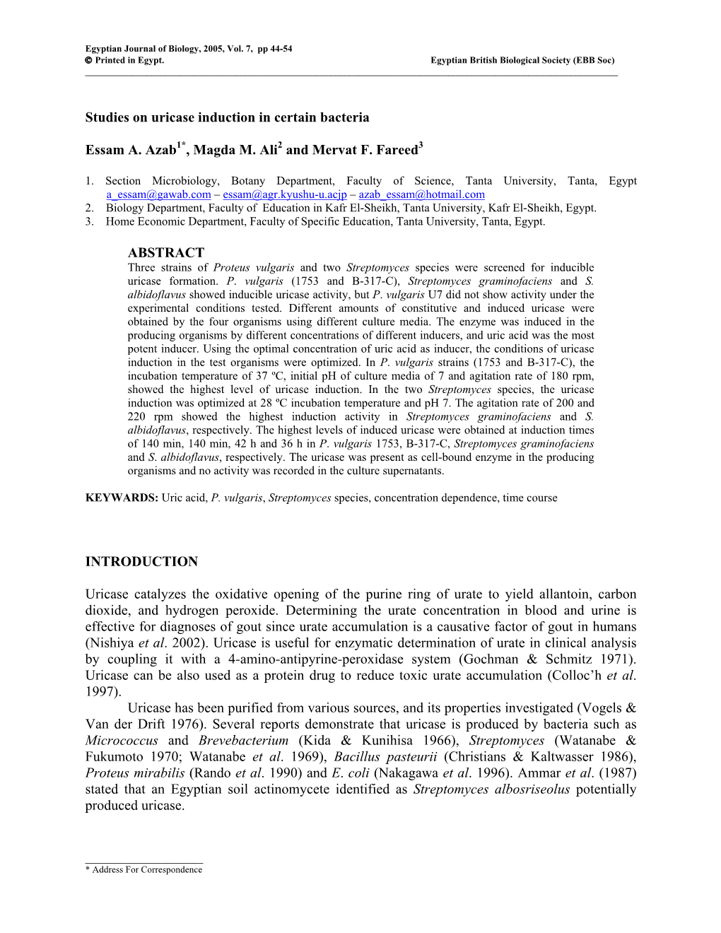 Studies on Uricase Induction in Certain Bacteria Essam A. Azab1*, Magda