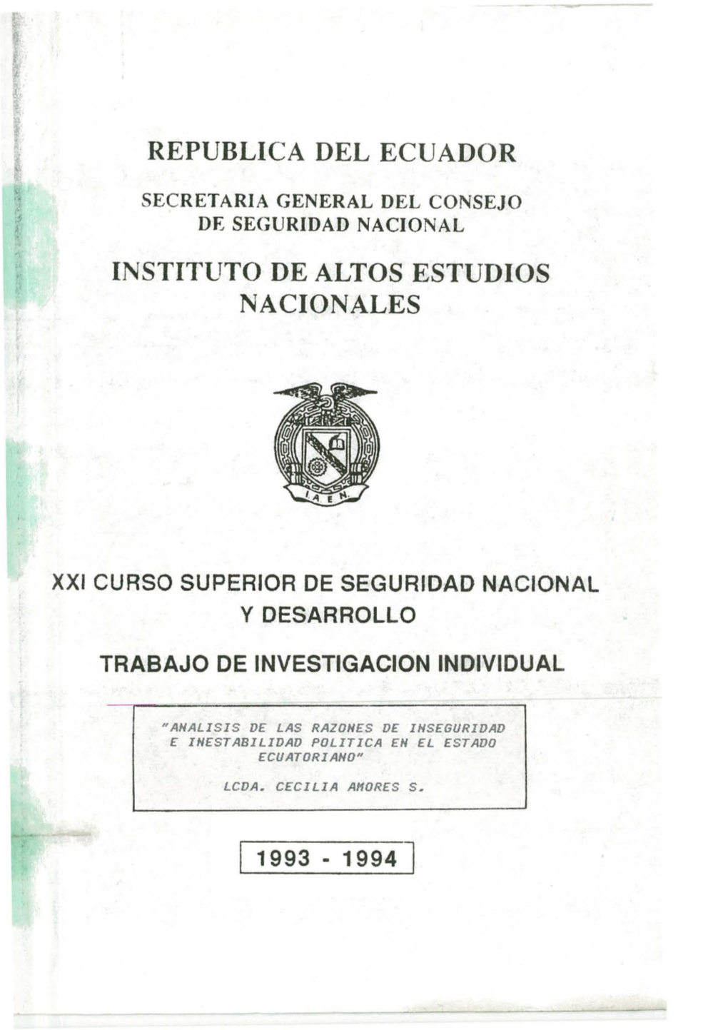 Republica Del Ecuador Instituto De Altos Estudios Nacionales