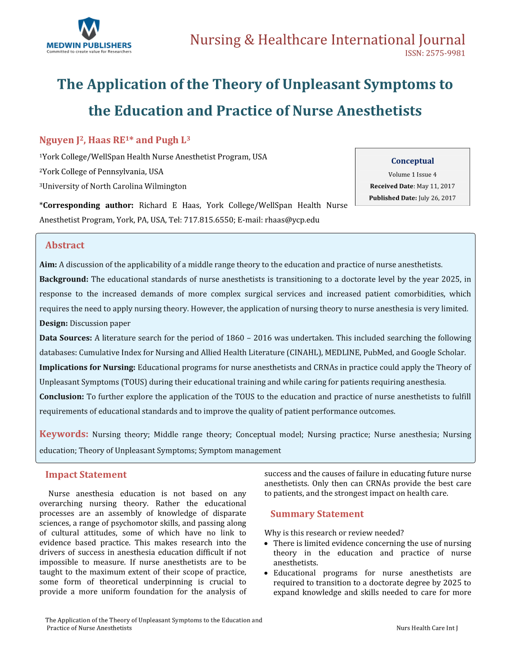 The Application of the Theory of Unpleasant Symptoms to the Education and Practice of Nurse Anesthetists